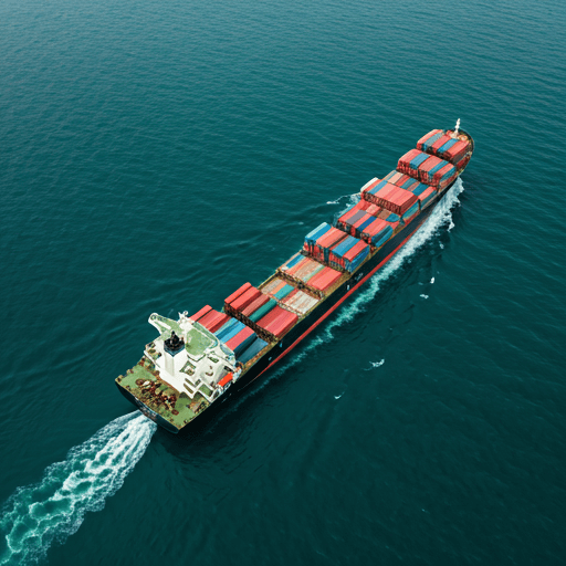 Aerial view of container ship in ocean representing global trade